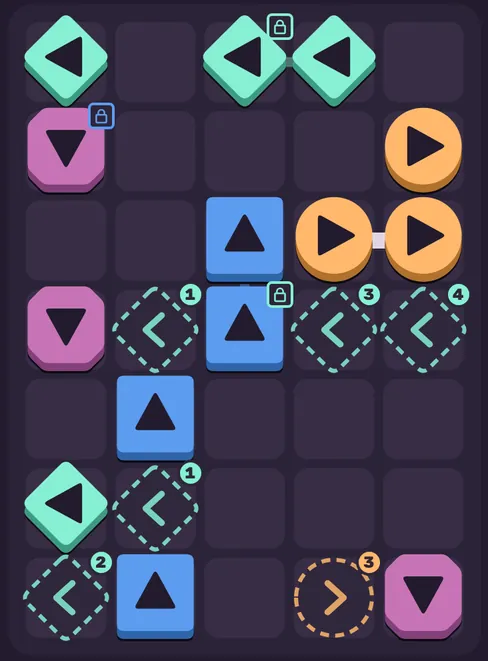 Level 47 in the Dusk theme: arrow tiles and dashed arrivals on the dusk board.