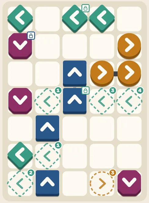 Level 47 in the Paper theme: arrow tiles and dashed arrivals on the paper board.